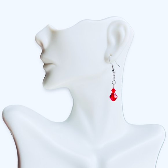 Hand Crafted Red Glass Dangle Earrings Deep Red Color Bicone Glass Earrings - Picture 3 of 4